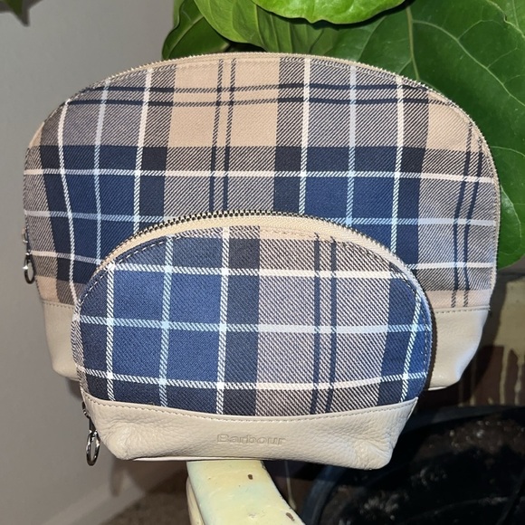 BARBOUR Women’s 2 piece TARTAN Makeup Bags TEMPEST TRENCH TARTAN Blue Tan - Picture 1 of 16